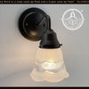 Fluted antique vanity 1960s sconce wall light, black metal, frosted glass shade.