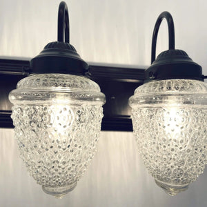 Clear glass vanity light fixture with textured acorn design, black metal accents.