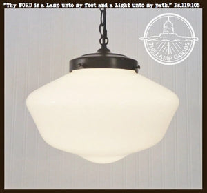 Large milk glass schoolhouse pendant light fixture with black metal canopy
