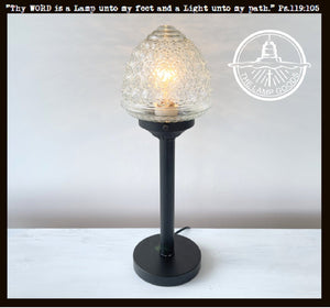 Antique glass table lamp with textured shade, black base, The Lamp Goods.