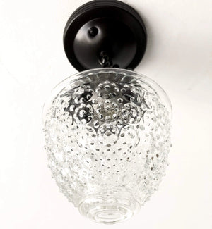 Clear glass ceiling light fixture with textured bubles, hanging from a black chain.