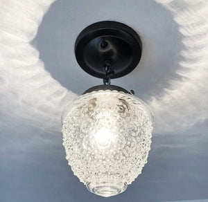 Clear glass ceiling light fixture with textured bubbles, black metal canopy, and chain.