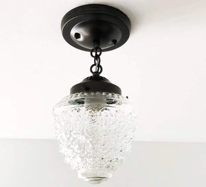 Clear glass ceiling light fixture with textured bubbleneck shade and dark bronze metal accents.