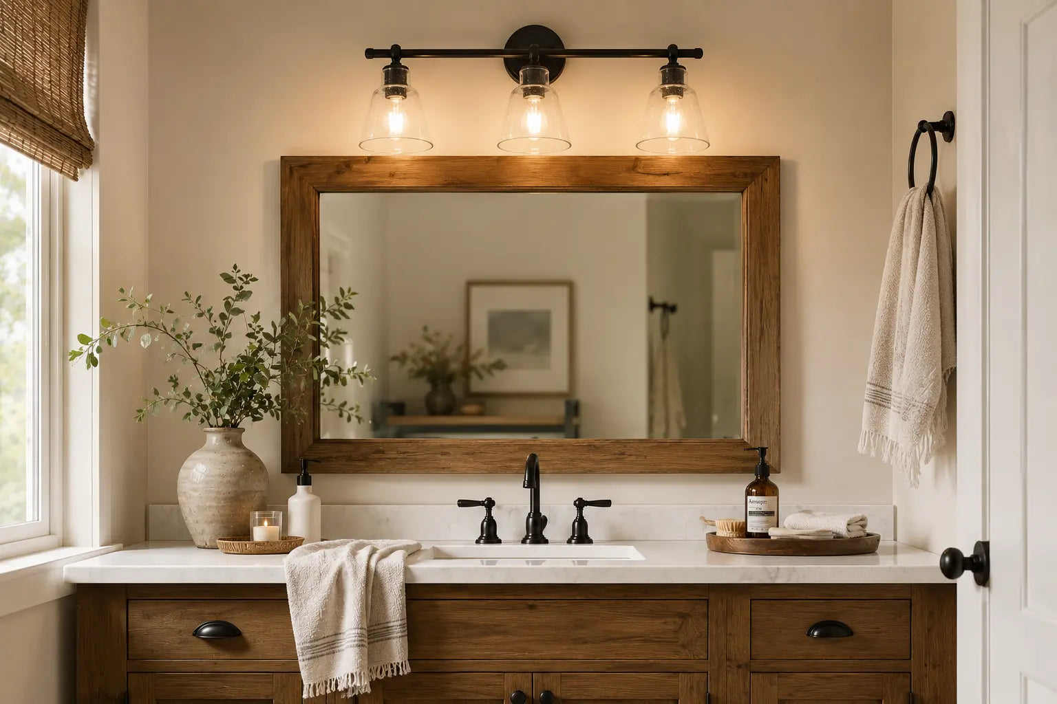 Bathroom lighting over vanity- a handcrafted seeded-glass vanity light above a wood-framed mirror from The Lamp Goods
