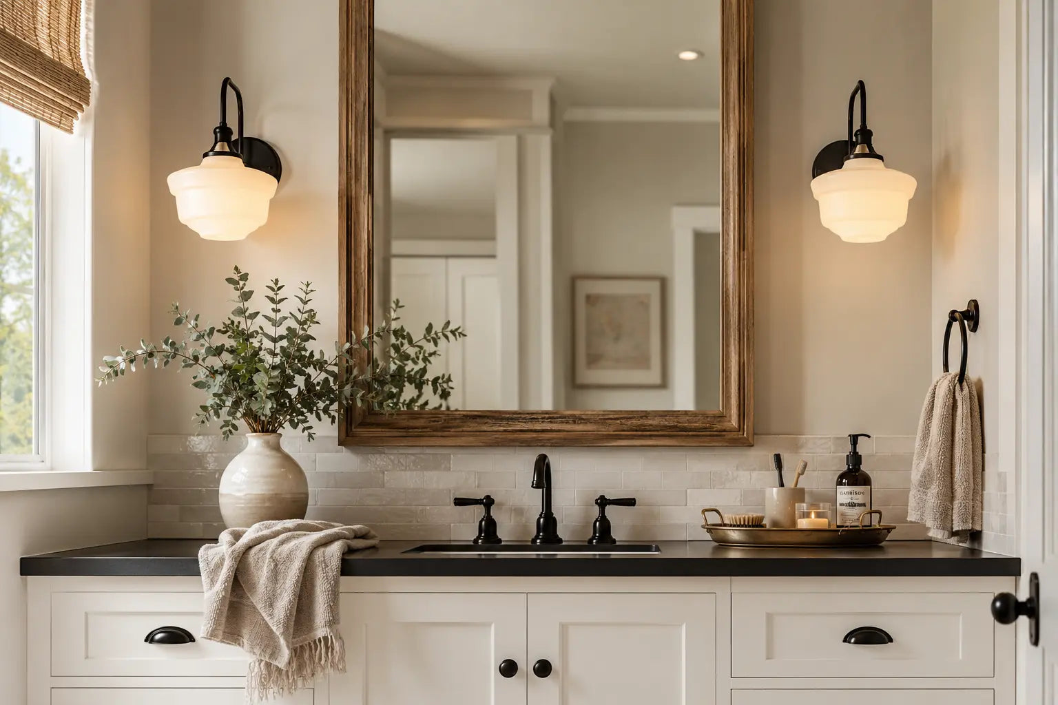 Farmhouse bathroom vanity lighting ideas with milk glass sconces flanking a mirror, from The Lamp Goods