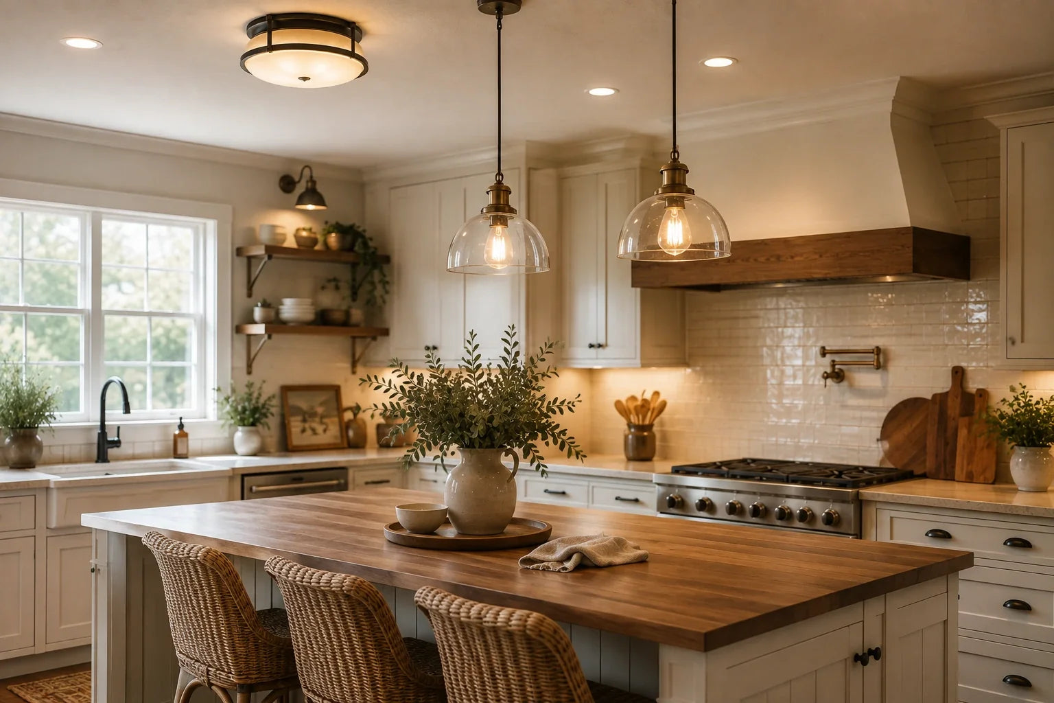 Farmhouse kitchen lighting ideas with island pendants and milk glass fixtures from The Lamp Goods