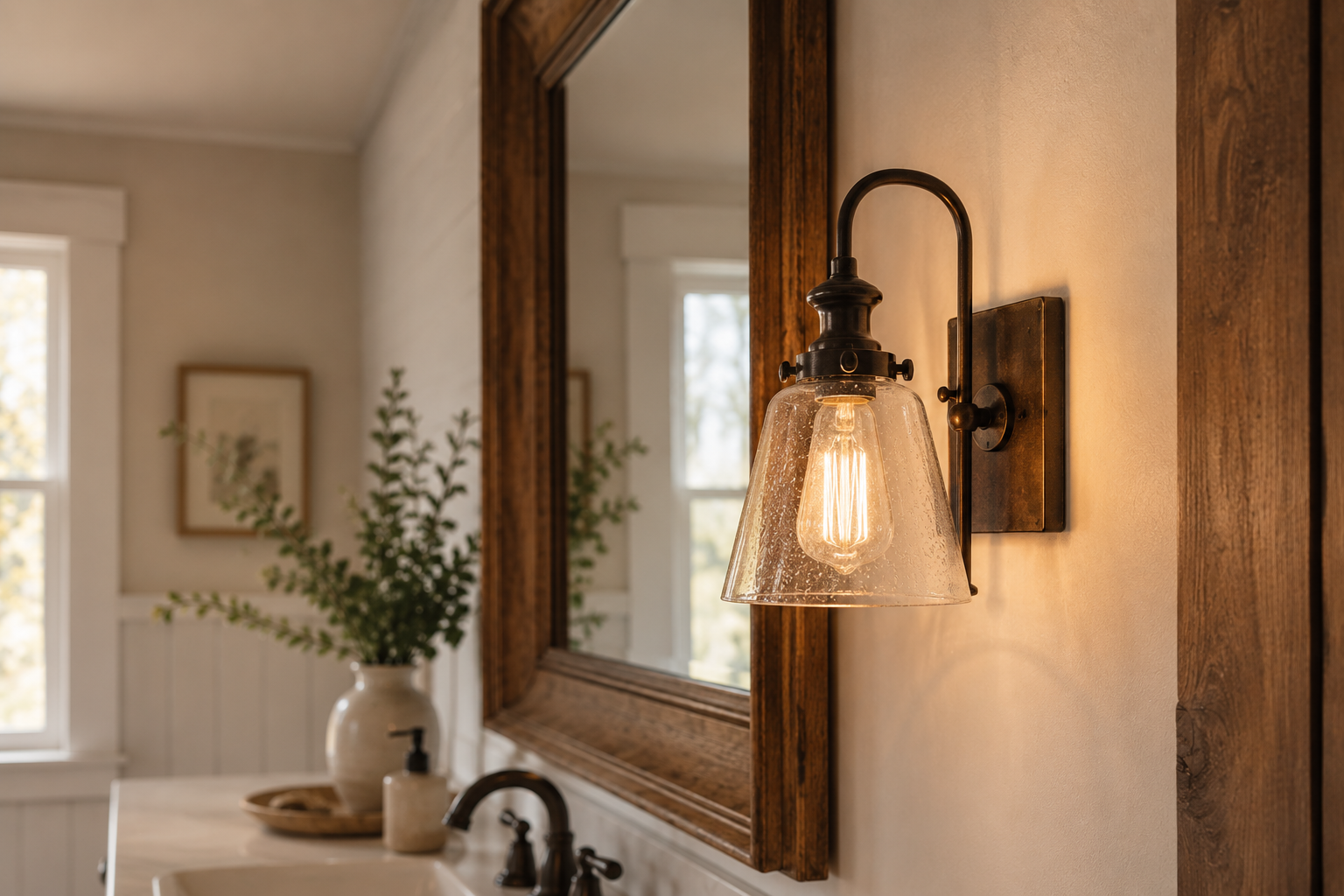 Handcrafted glass wall sconce mounted near eye level beside a bathroom mirror, from The Lamp Goods
