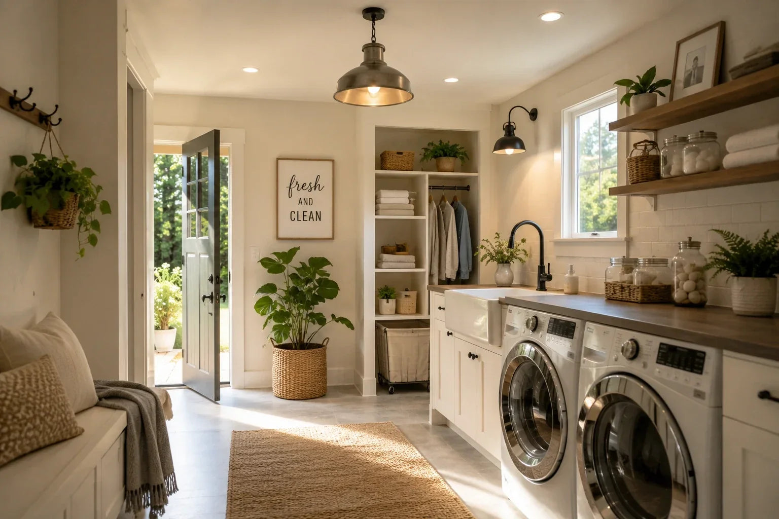 Small laundry room lit by a compact flush mount ceiling light above a folding counter