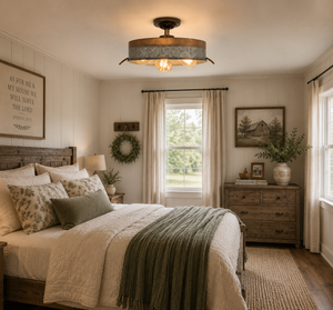 Modern Farmhouse Galvanized & Copper Tone Metal Flat Tub Ceiling Light Wood Accents