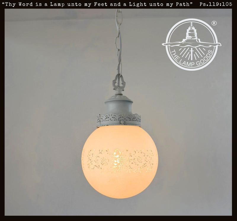 Vintage White Etched Milk Glass Globe Pendant