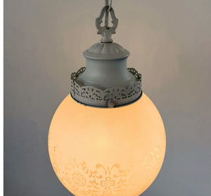 Vintage White Etched Milk Glass Globe Pendant