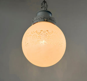 Vintage White Etched Milk Glass Globe Pendant