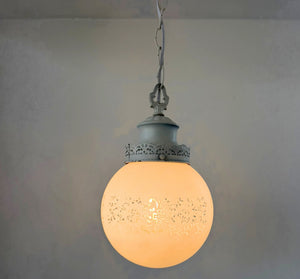 Vintage White Etched Milk Glass Globe Pendant