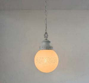 Vintage White Etched Milk Glass Globe Pendant
