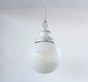 Vintage White Etched Milk Glass Globe Pendant