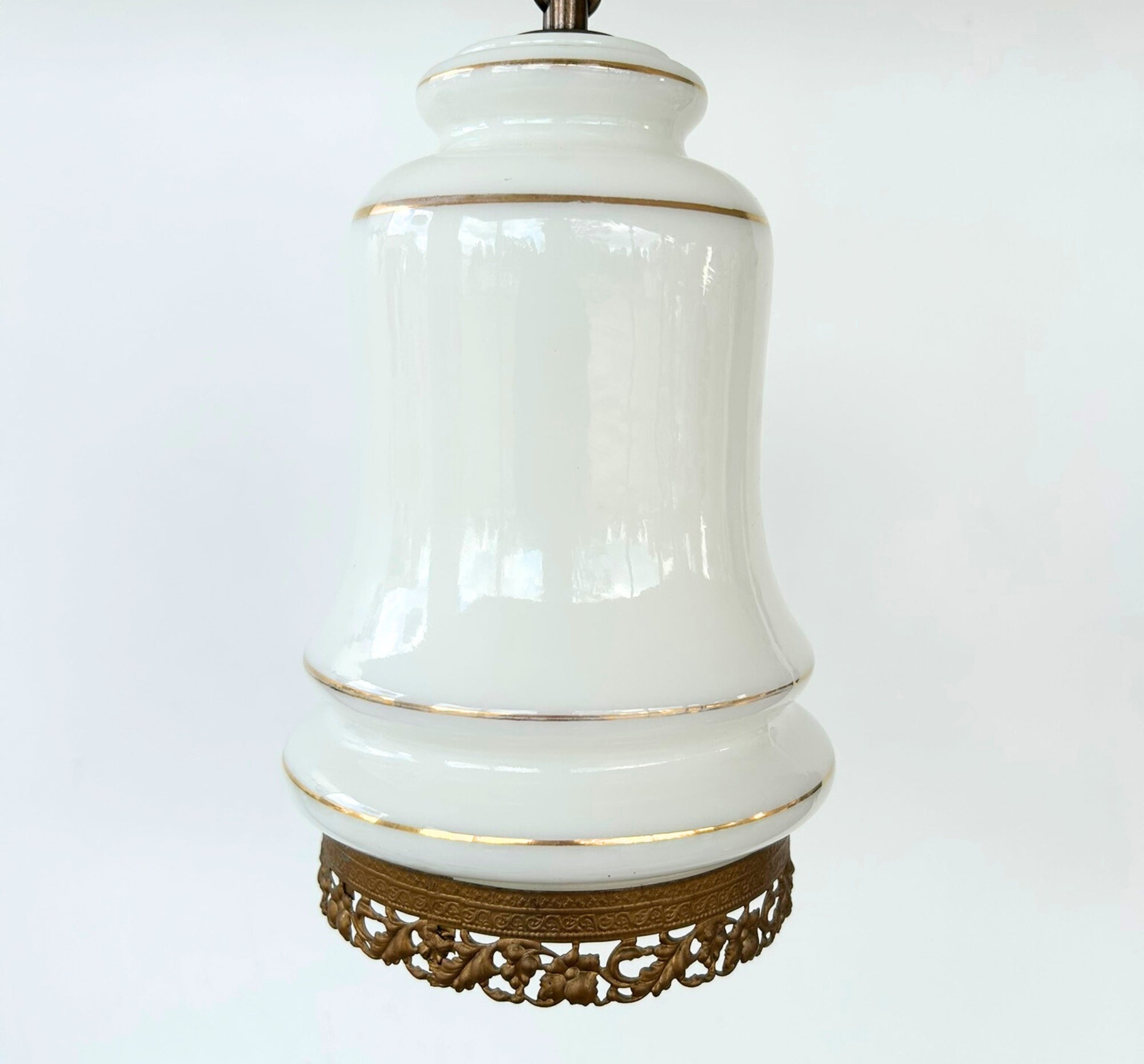 Vintage Milk Glass Gold-Banded Pendant Light with Filigree Base