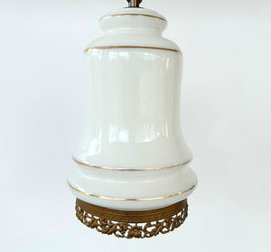 Vintage Milk Glass Gold-Banded Pendant Light with Filigree Base