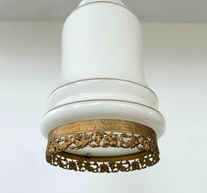 Vintage Milk Glass Gold-Banded Pendant Light with Filigree Base