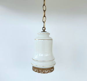 Vintage Milk Glass Gold-Banded Pendant Light with Filigree Base