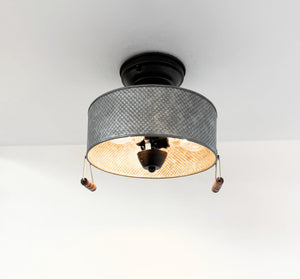 Rustic Galvanized Grain Sifter Style Flush Mount Ceiling Light