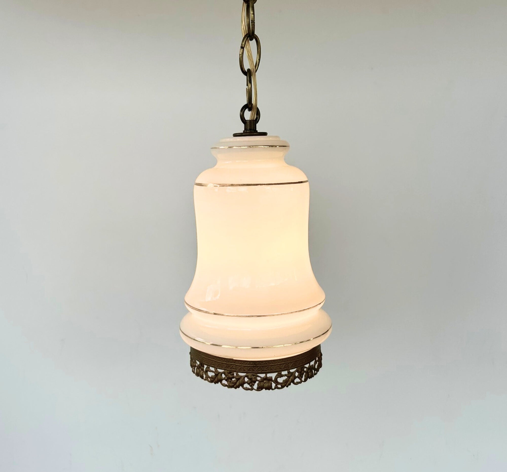 Vintage Milk Glass Gold-Banded Pendant Light with Filigree Base