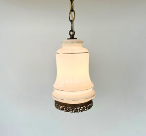 Vintage Milk Glass Gold-Banded Pendant Light with Filigree Base
