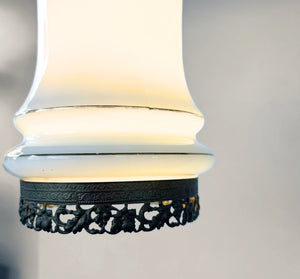Vintage Milk Glass Gold-Banded Pendant Light with Filigree Base