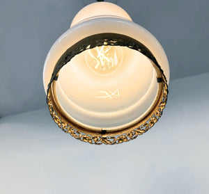 Vintage Milk Glass Gold-Banded Pendant Light with Filigree Base