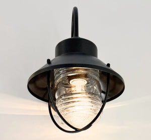 Vintage Black Lantern Wall Sconce with Ribbed Glass Globe