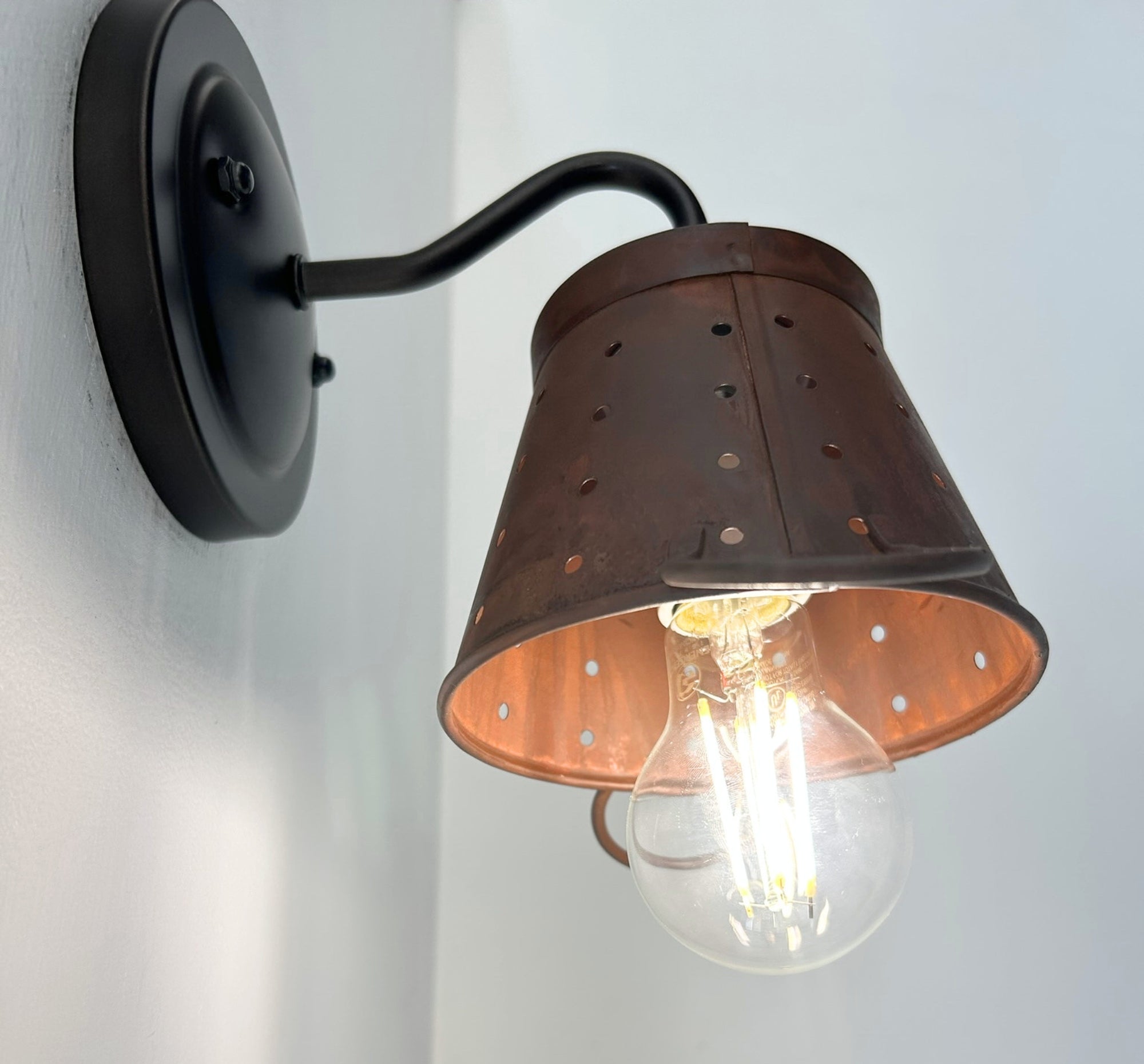 Rustic Copper Small Colander Farmhouse Wall Sconce