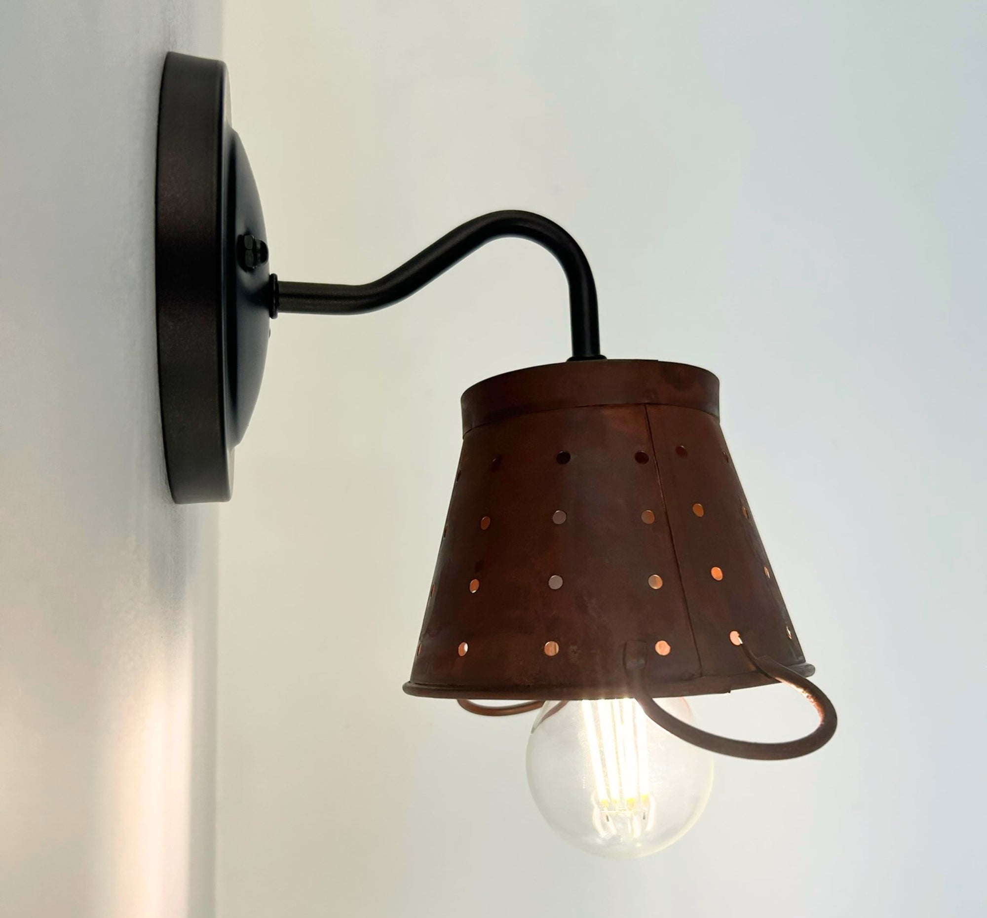 Rustic Copper Small Colander Farmhouse Wall Sconce