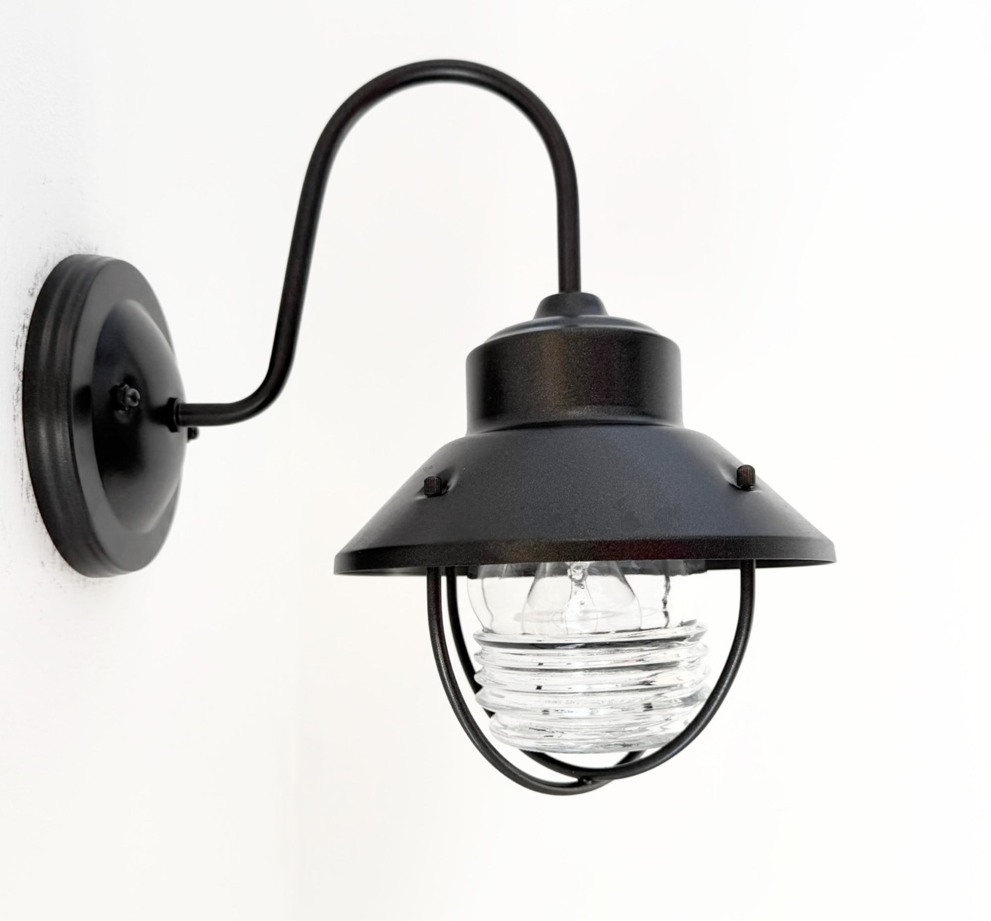 Vintage Black Lantern Wall Sconce with Ribbed Glass Globe