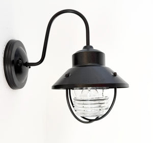 Vintage Black Lantern Wall Sconce with Ribbed Glass Globe