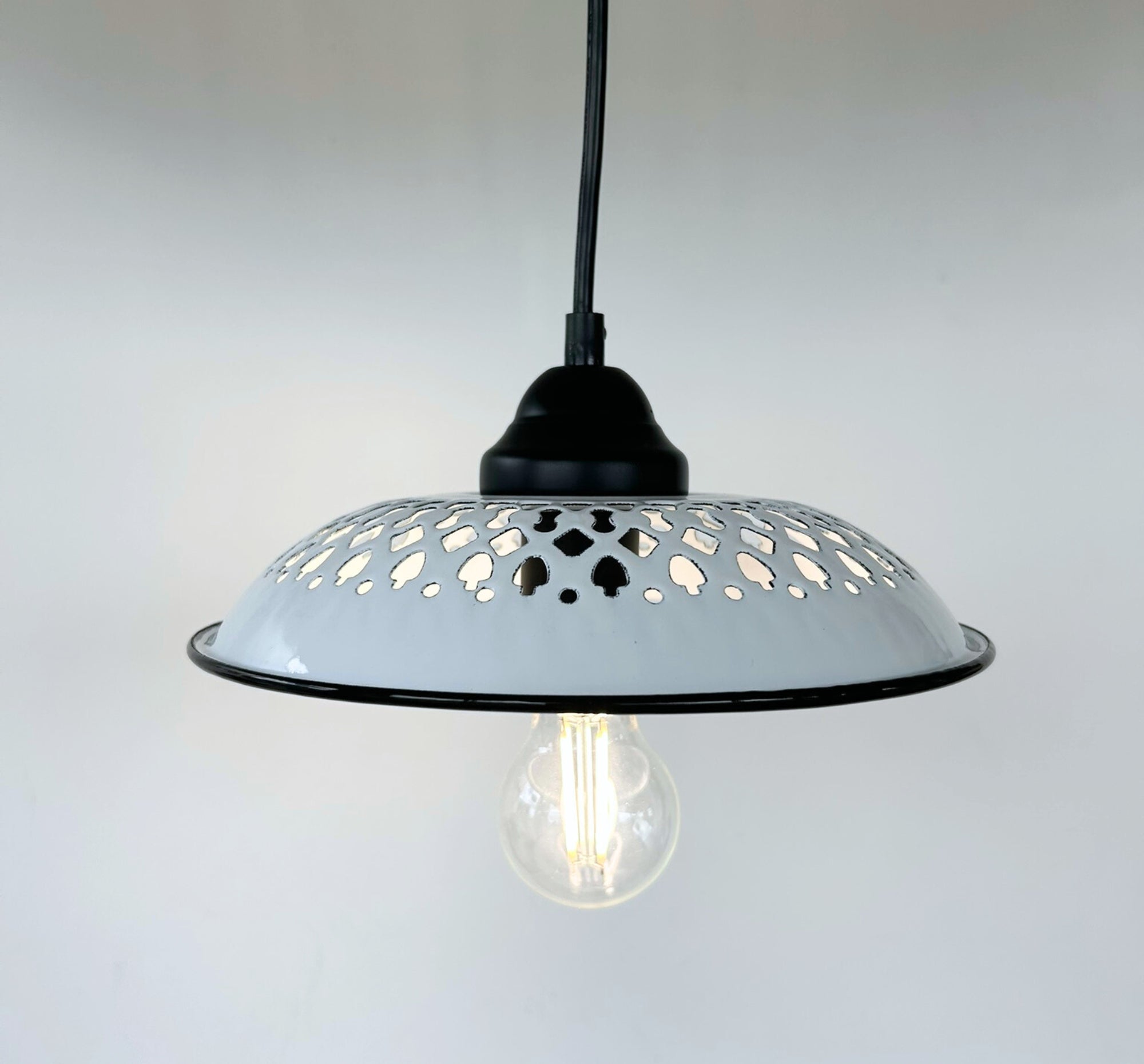 Vintage White Enamel Bread Basket Pendant Light