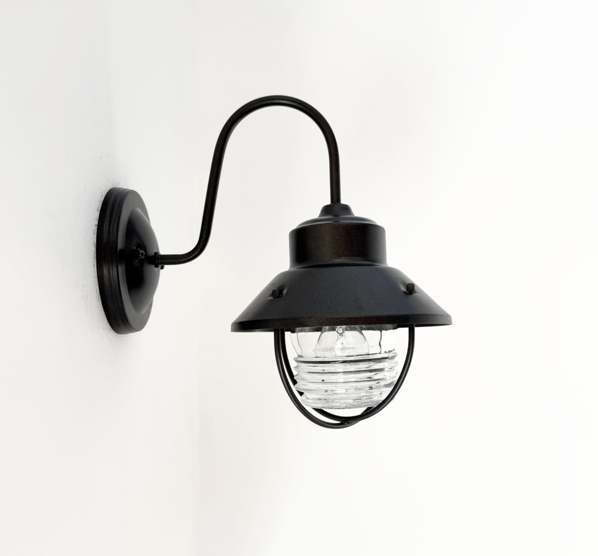 Vintage Black Lantern Wall Sconce with Ribbed Glass Globe