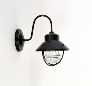 Vintage Black Lantern Wall Sconce with Ribbed Glass Globe