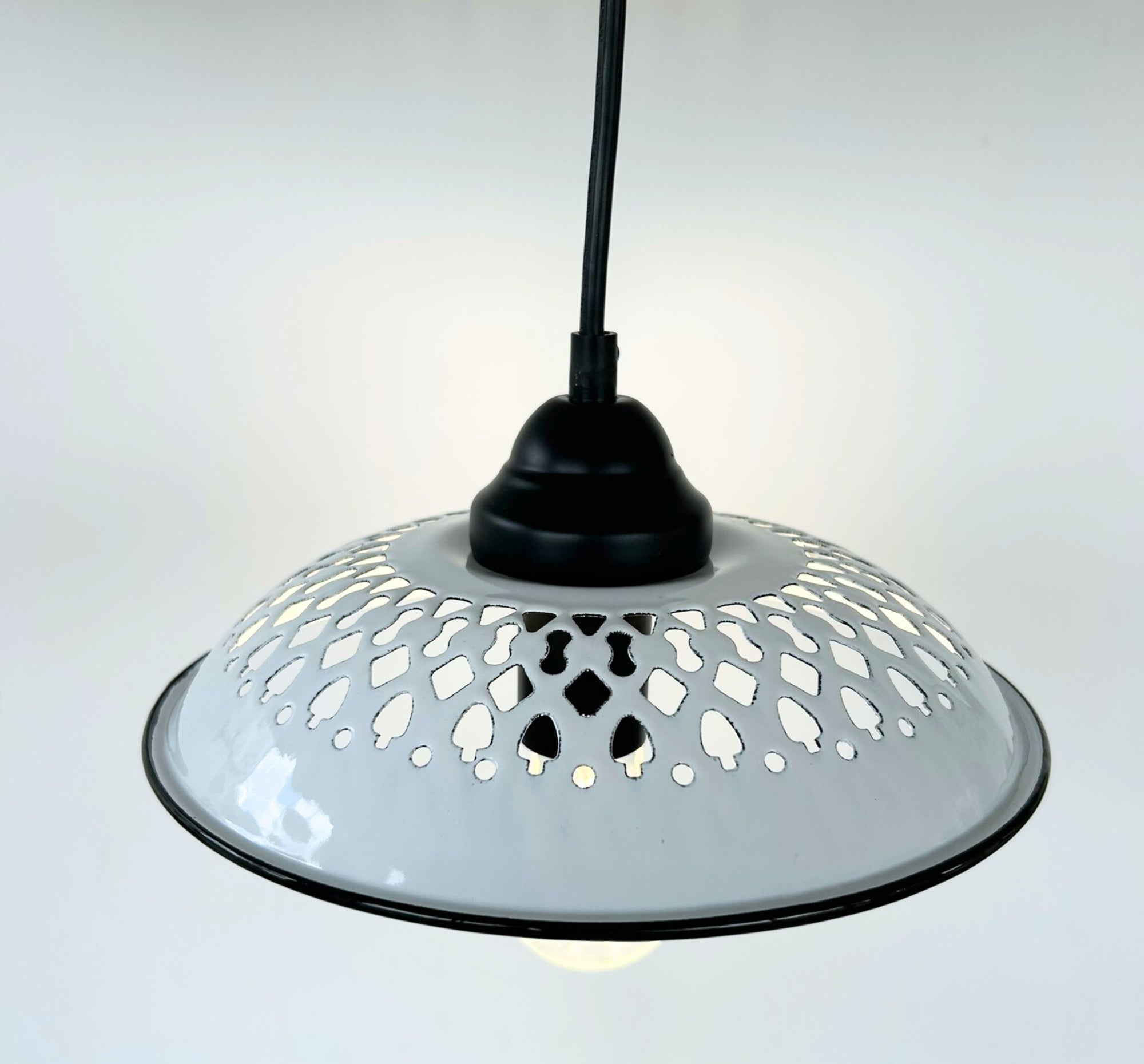 Vintage White Enamel Bread Basket Pendant Light