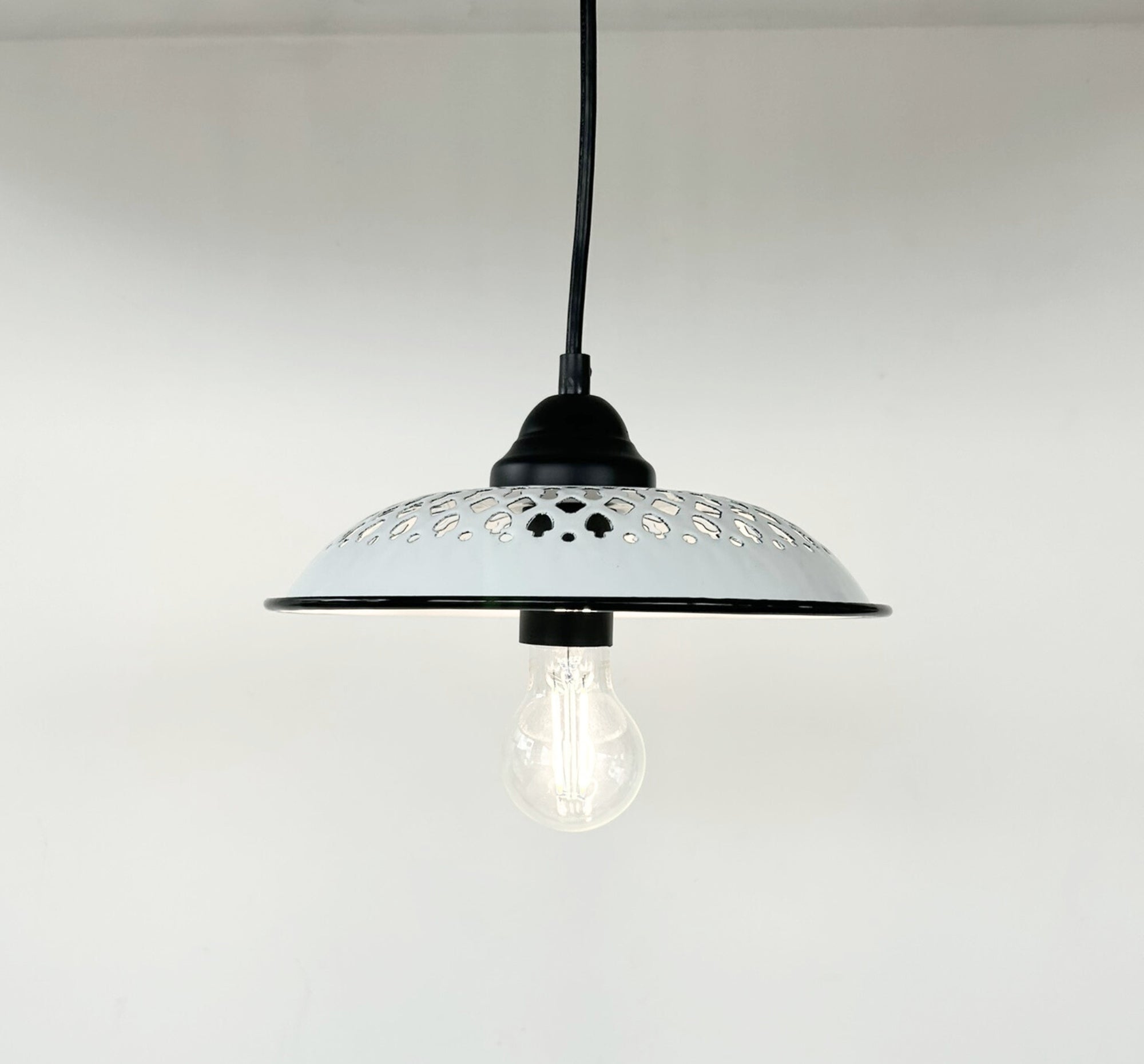 Vintage White Enamel Bread Basket Pendant Light