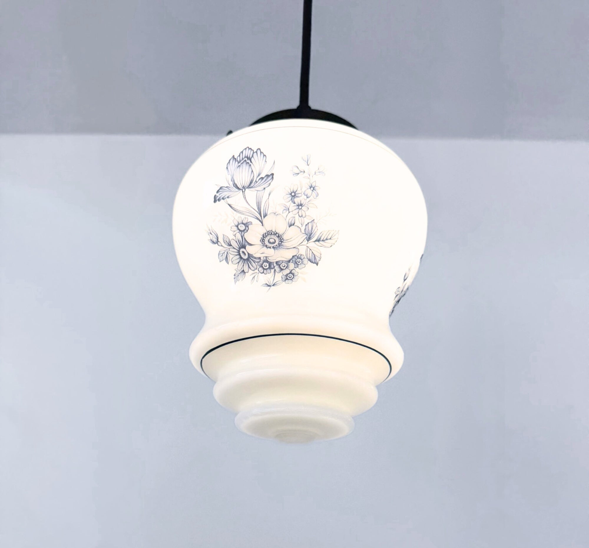 Vintage Blue Floral Milk Glass Pendant Light