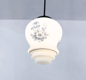 Vintage Blue Floral Milk Glass Pendant Light