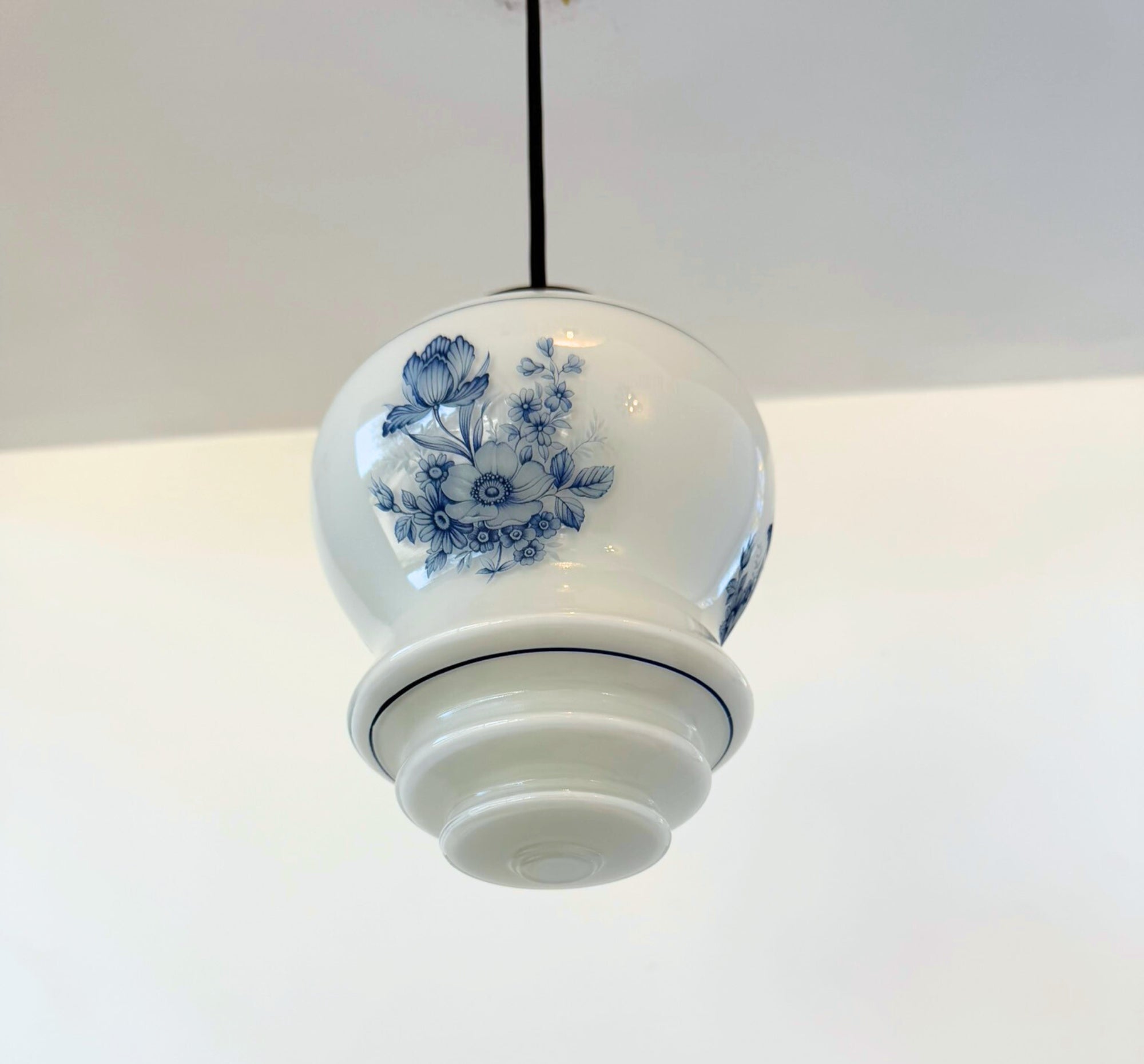 Vintage Blue Floral Milk Glass Pendant Light