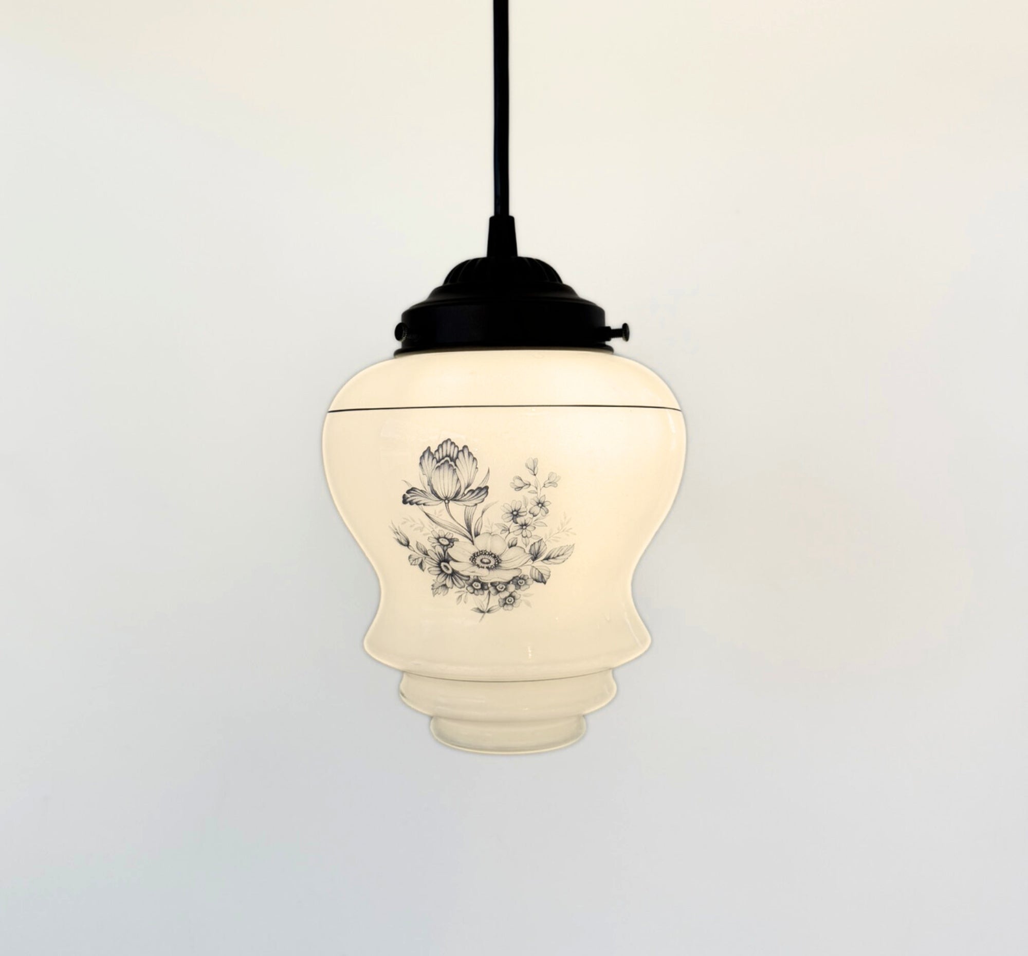 Vintage Blue Floral Milk Glass Pendant Light