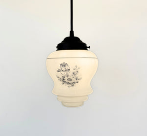 Vintage Blue Floral Milk Glass Pendant Light