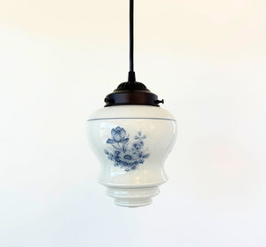 Vintage Blue Floral Milk Glass Pendant Light