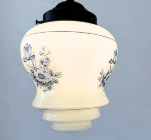 Vintage Blue Floral Milk Glass Pendant Light