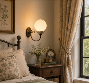 Ribbed Milk Glass Globe and Brass Wall Sconce