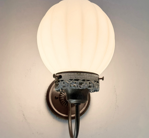Ribbed Milk Glass Globe and Brass Wall Sconce