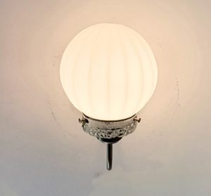 Ribbed Milk Glass Globe and Brass Wall Sconce
