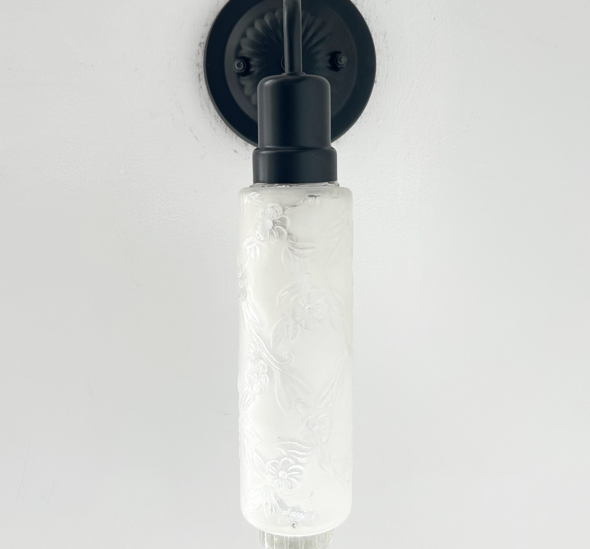 Delicate Narrow Frosted Floral Glass Wall Sconce