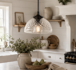 Clear Crosscut Floral Etched Vintage Glass Pendant Light